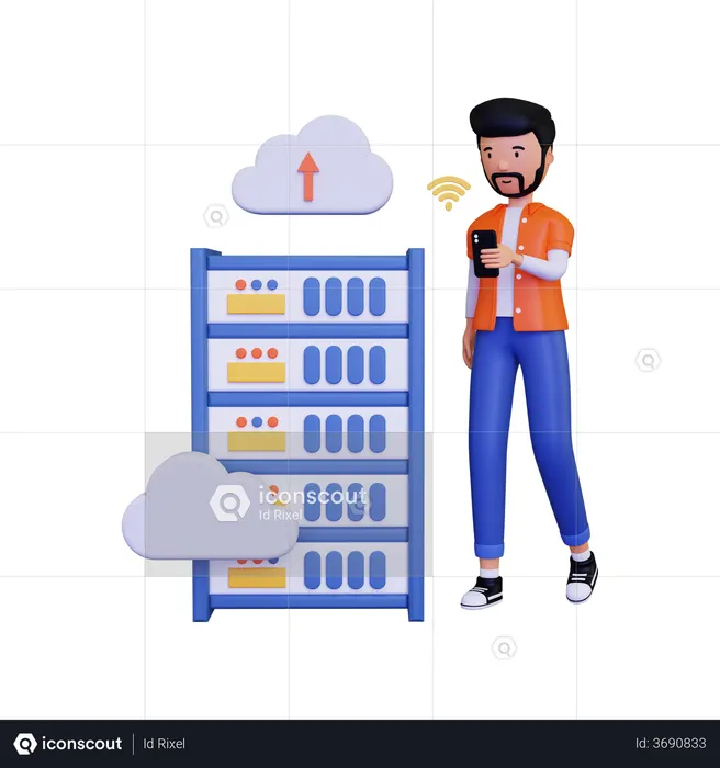 Man uploading data on server  3D Illustration