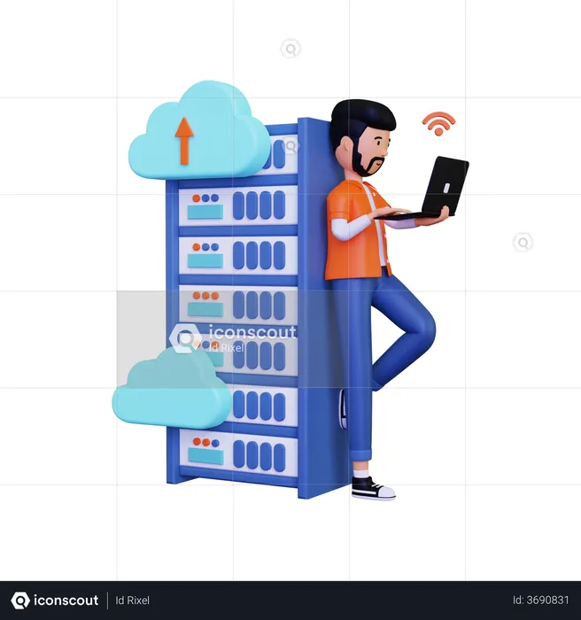 Man uploading data on server  3D Illustration