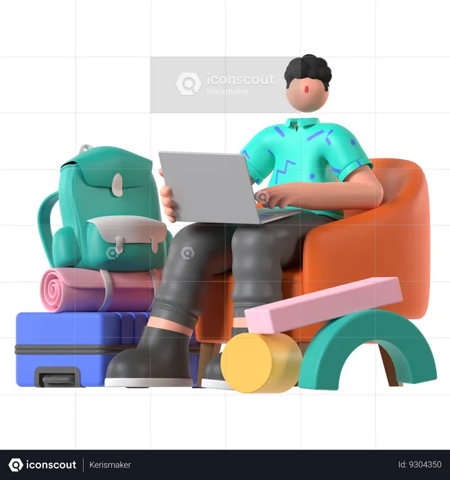 Man Using Laptop In Waiting Room  3D Illustration