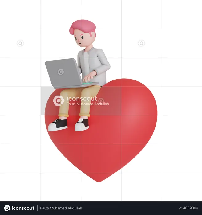 Man using laptop while sitting on heart  3D Illustration