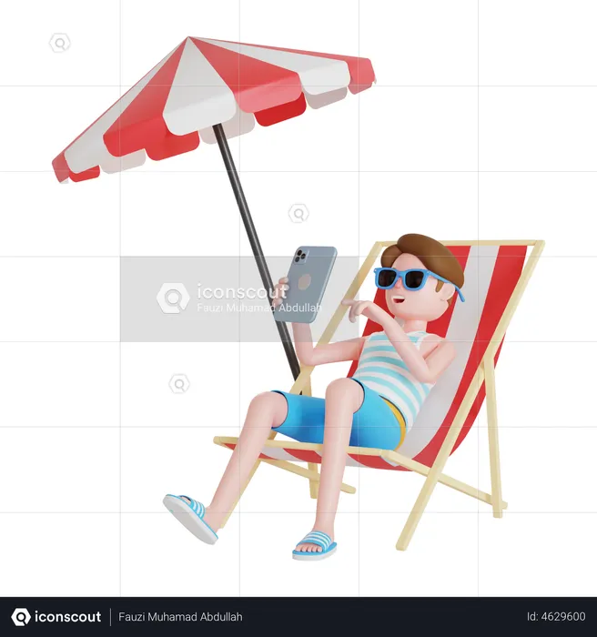 Man using mobile while sitting on beach chair  3D Illustration