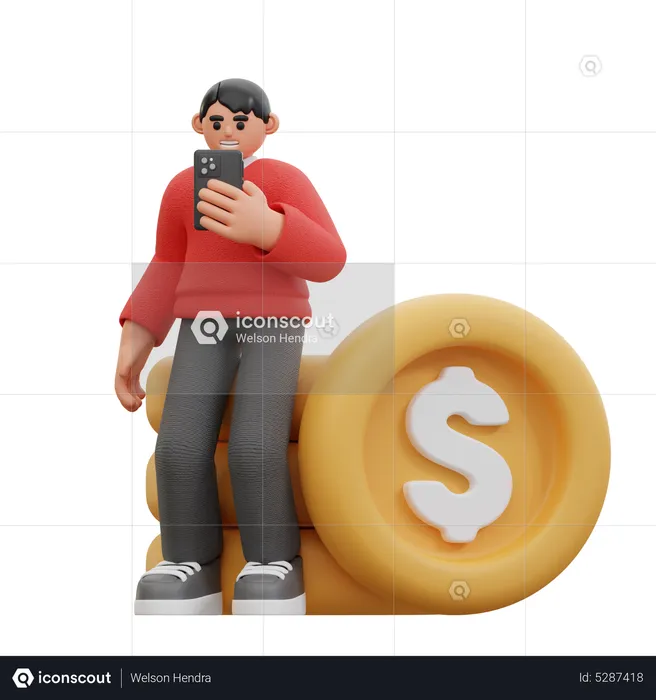 Man Using phone while Sitting on coins  3D Icon