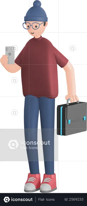 Man walking holding mobile and briefcase 3D Illustration