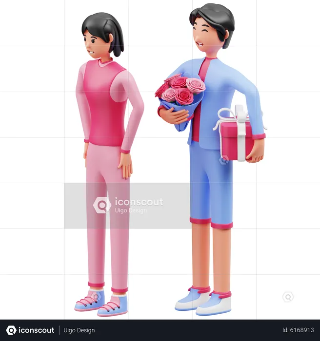 Man want to give gifts and flowers to woman  3D Illustration