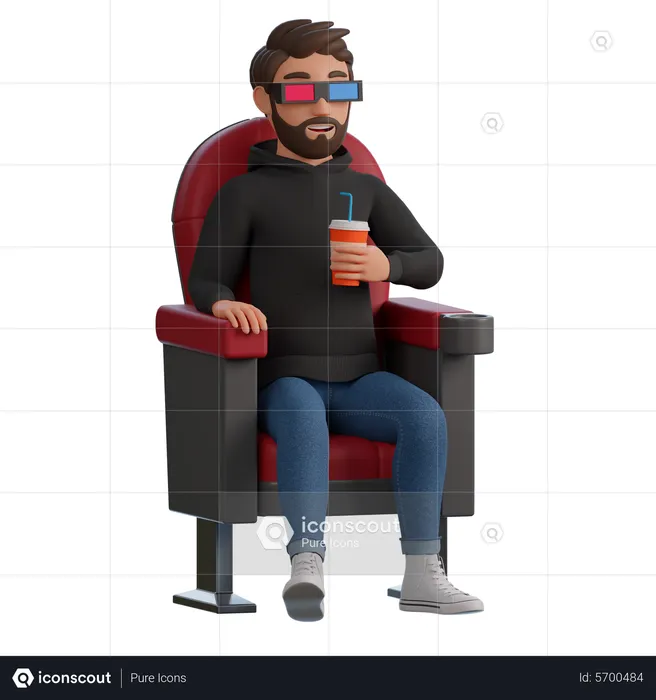 Man watching movie in cinema hall  3D Illustration