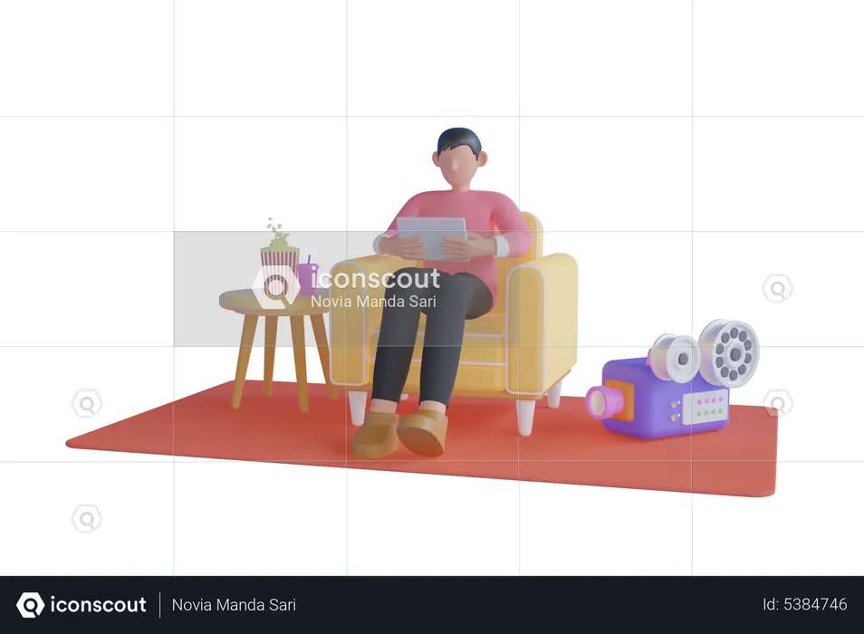 Man Watching movie in Tablet  3D Illustration