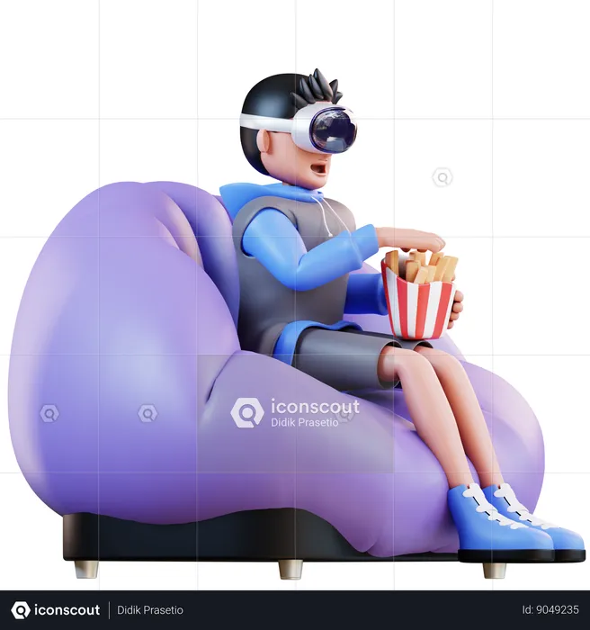 Man Watching Virtual Reality While Eating French Fries  3D Illustration