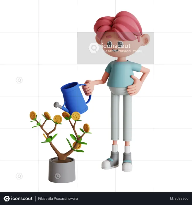 Man Watering Investment Plant  3D Illustration