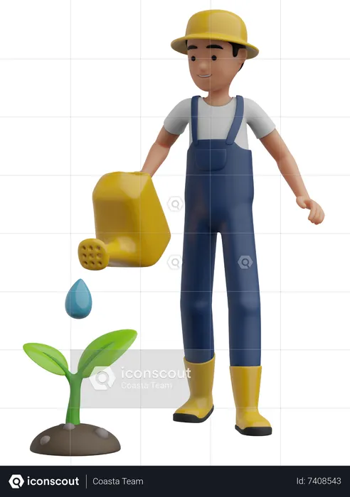Man Watering Plant  3D Illustration