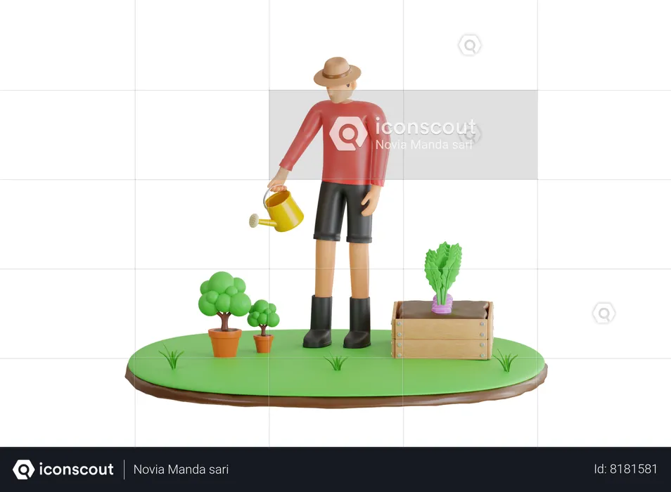 Man Watering Plants  3D Illustration