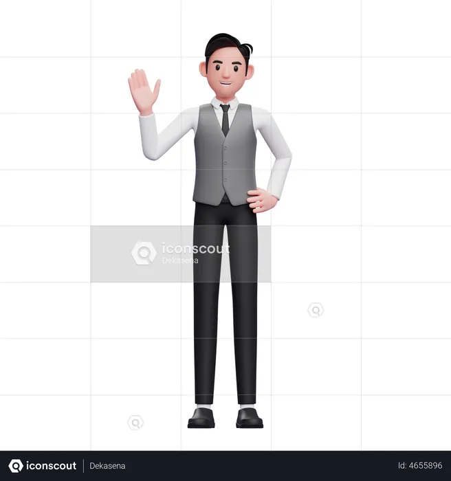 Man waving hand saying Hello wearing a gray office vest  3D Illustration