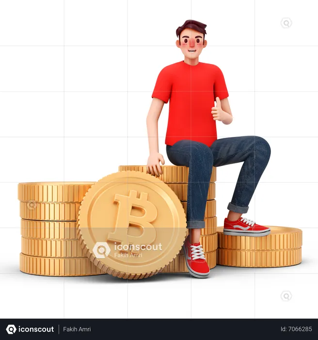 Man with huge bitcoin holding  3D Illustration