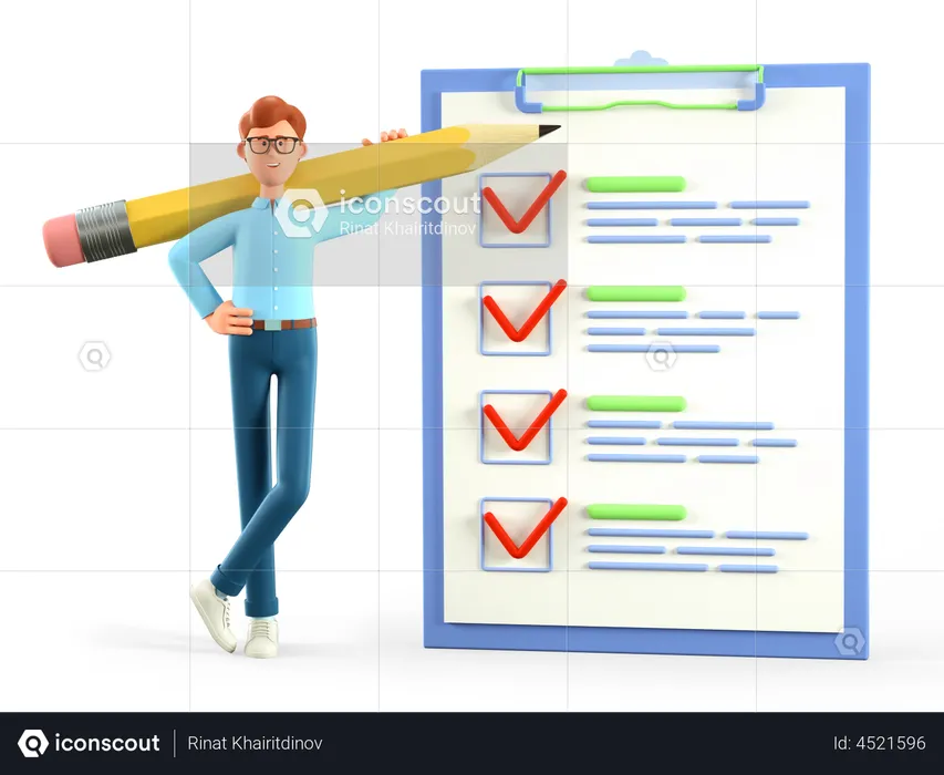 Man with huge pencil and giant marked checklist  3D Illustration