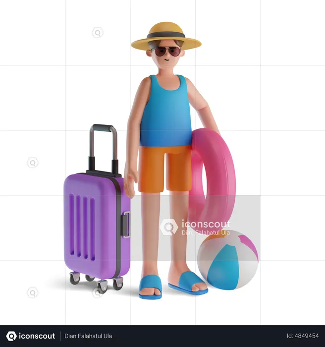 Man with inflatable ring and luggage  3D Illustration