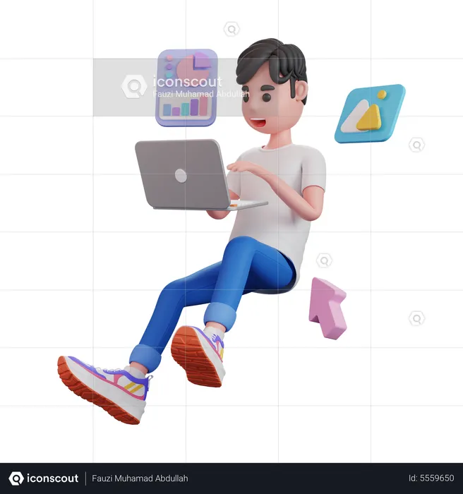 Man With Laptop Analyzing Data  3D Illustration