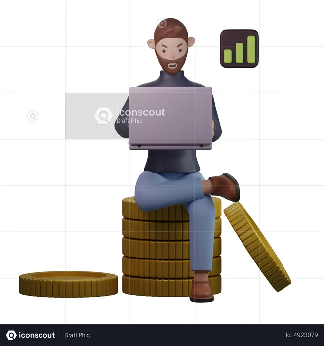 Man with laptop sitting on coin  3D Illustration