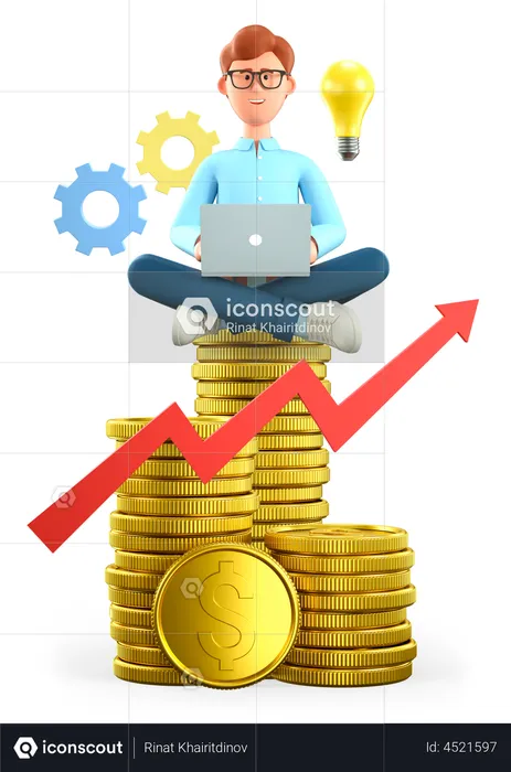 Man with laptop sitting on the huge stack of gold coins  3D Illustration