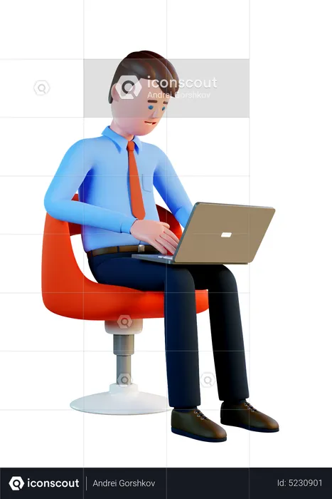 Man with laptop working while sitting in a chair  3D Illustration