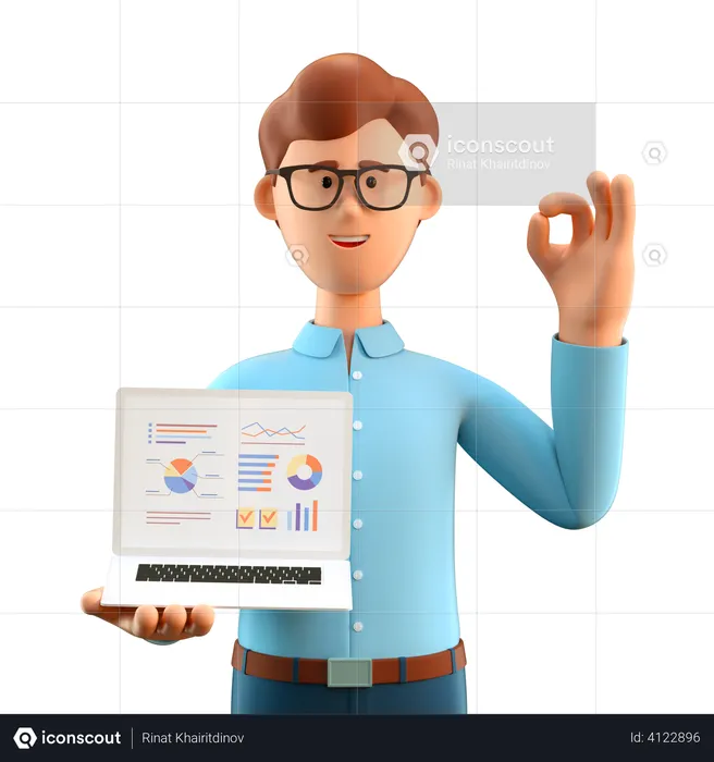 Man with ok gesture showing business charts in laptop screen  3D Illustration