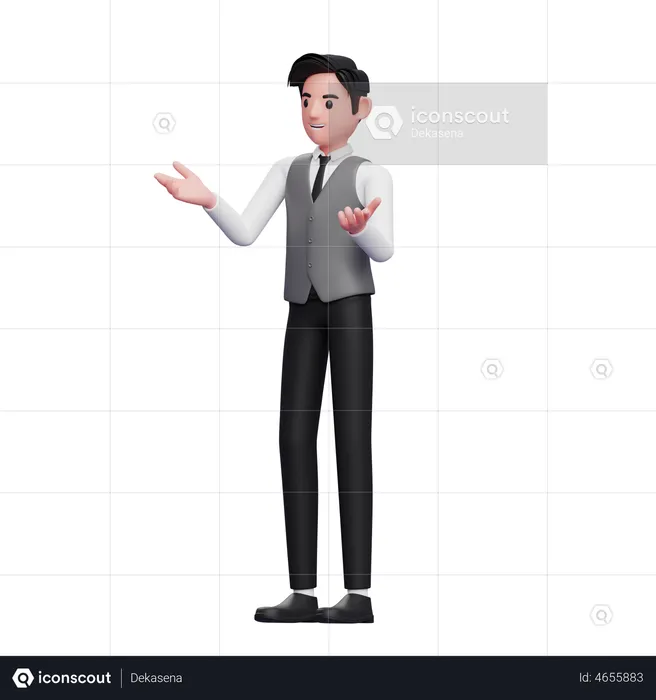 Man with speaking gesture is presenting wearing a gray office vest  3D Illustration