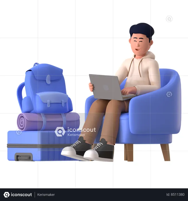 Man Working On Laptop Waiting Room  3D Illustration