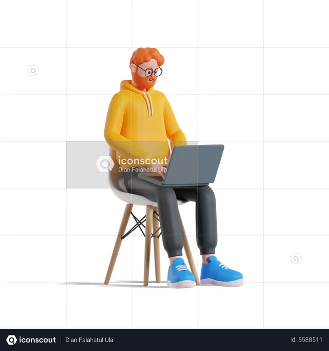 Man working on laptop while seating on chair  3D Illustration