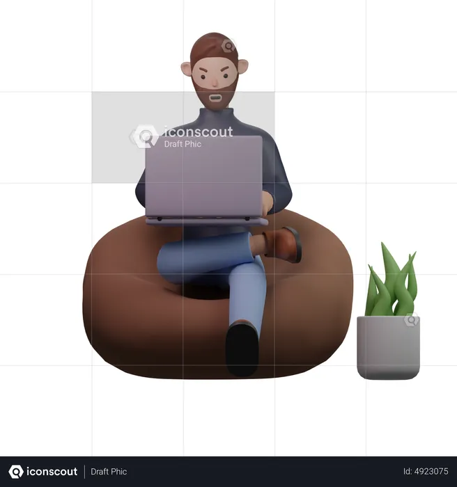 Man working on laptop while sitting on beanbag  3D Illustration