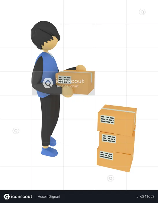 Man Working Piled Up Package  3D Icon