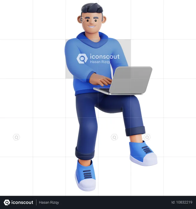 Man Working with Laptop Flying in Air  3D Illustration