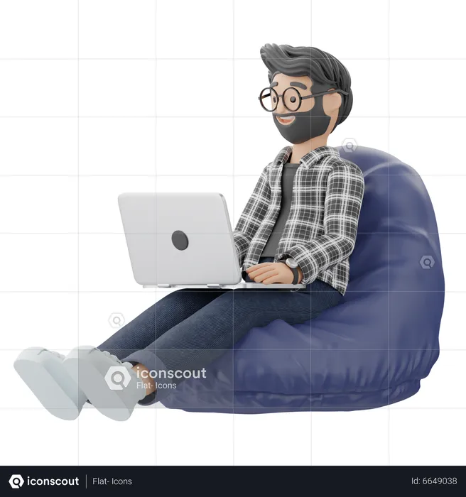 Mann sitzt auf einem Sitzsack und arbeitet  3D Illustration