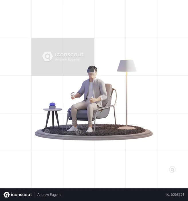 Mann erkundet VR auf Stuhl  3D Illustration