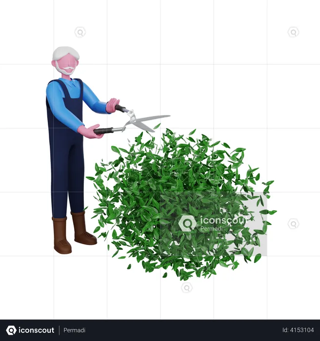 Mann fällt Baum mit großer Schere  3D Illustration