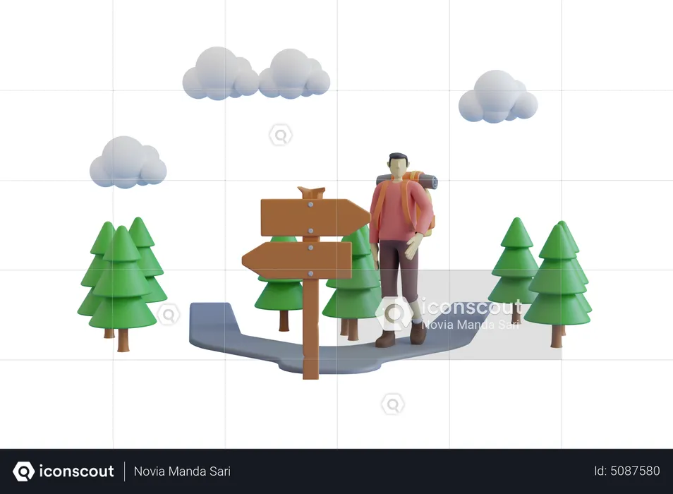 Mann geht zum Zelten im Wald  3D Illustration