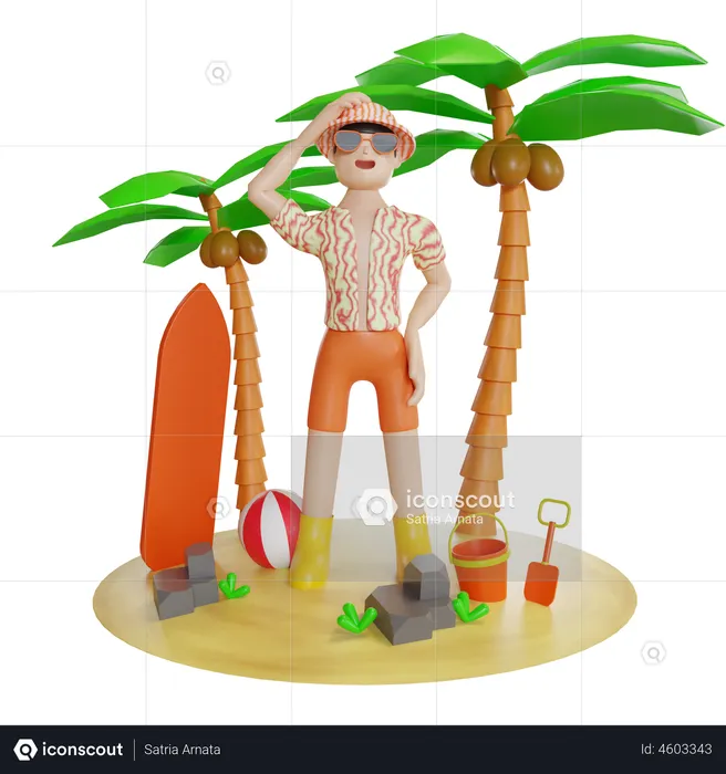 Mann genießt auf der Insel mit Schwimmschlauch  3D Illustration