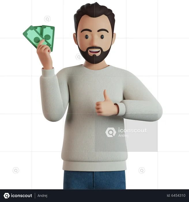 Mann hält Bargeld und gibt Daumen hoch  3D Illustration