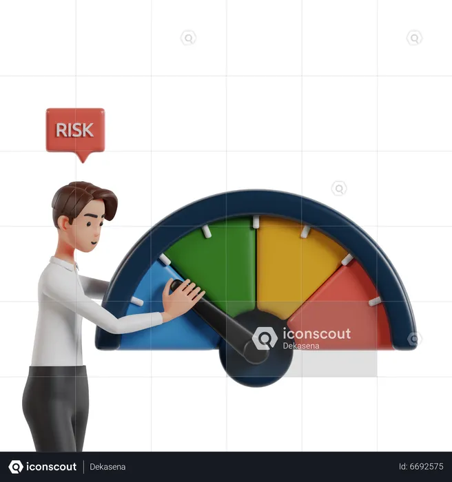Mann hält Risikomesser hoch, um ein niedriges Anlagerisiko zu erkennen  3D Illustration