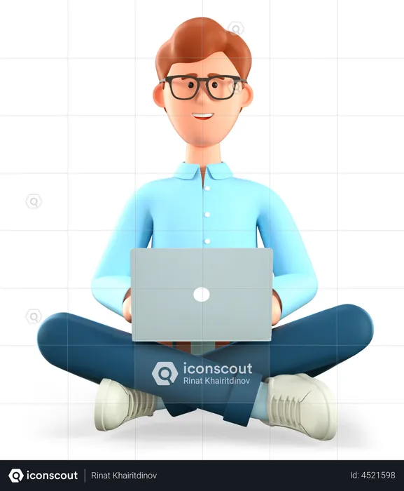 Mann mit Laptop sitzt auf dem Boden  3D Illustration