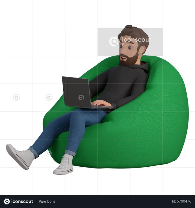 Mann sitzt mit Laptop auf gepolstertem Hocker und lächelt  3D Illustration