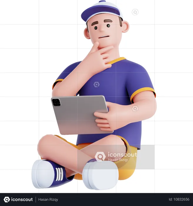 Mann sitzt mit einem Tablet in der Hand  3D Illustration