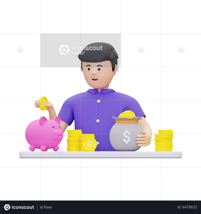 Mann spart Geld in Sparschwein  3D Illustration