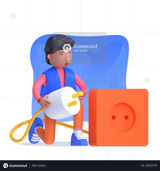 Mann steckt Ladestecker in Steckdose  3D Icon