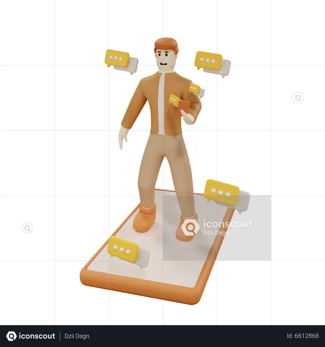 Mann steht am Handy und chattet  3D Illustration