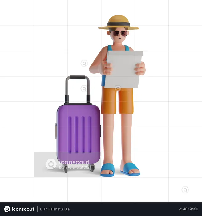 Mann sucht Reisekarte auf Strandausflug  3D Illustration