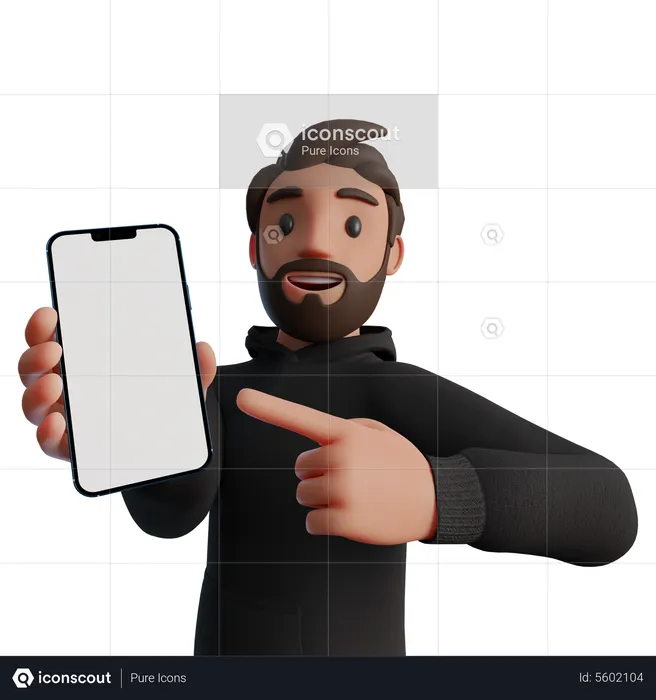 Mann zeigt auf einen leeren Smartphone-Bildschirm  3D Illustration