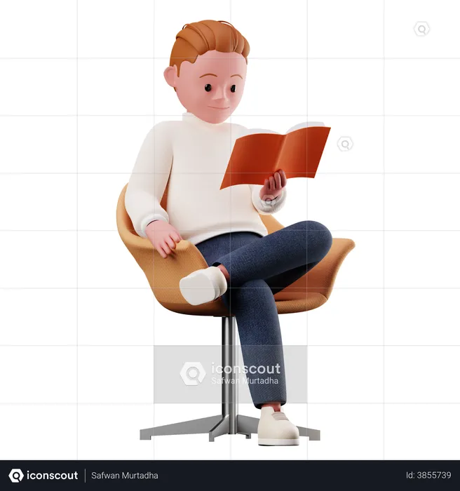 Männliche Figur, die auf einem Stuhl sitzt und ein Buch liest  3D Illustration