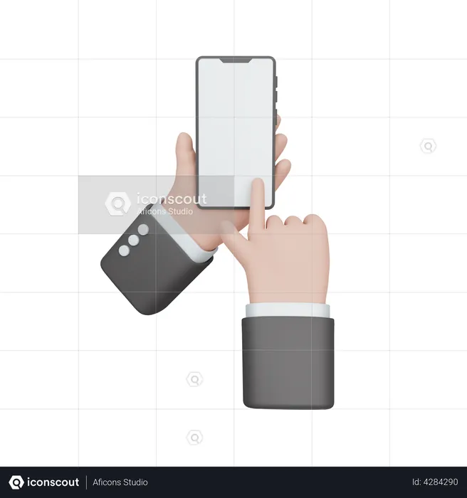 Mano sosteniendo un teléfono inteligente con pantalla táctil en blanco  3D Illustration