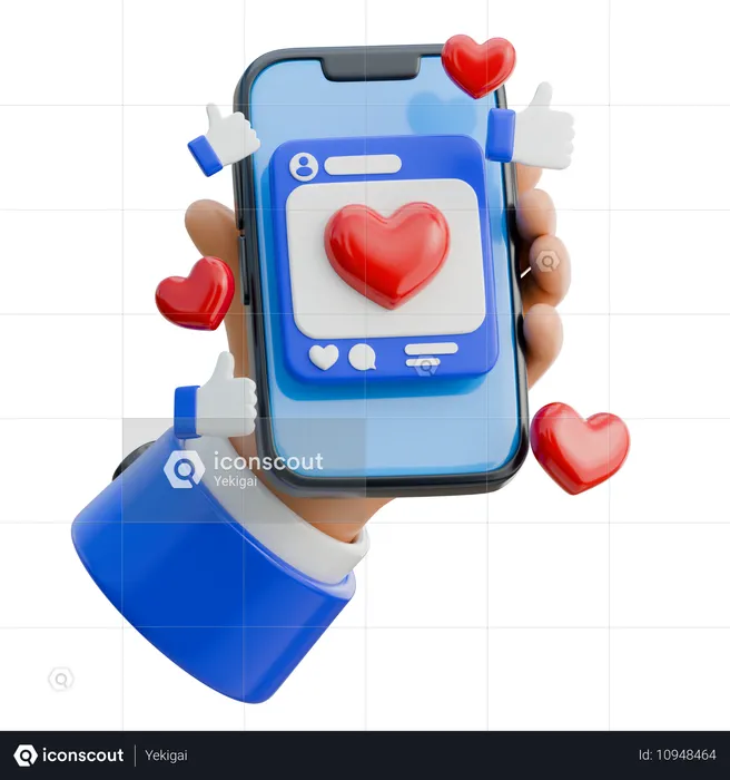 Mano sosteniendo un teléfono inteligente rodeado de me gusta y corazones  3D Icon