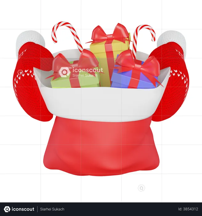 Mitones de punto rojos sosteniendo una bolsa de papá noel con regalos y dulces  3D Illustration