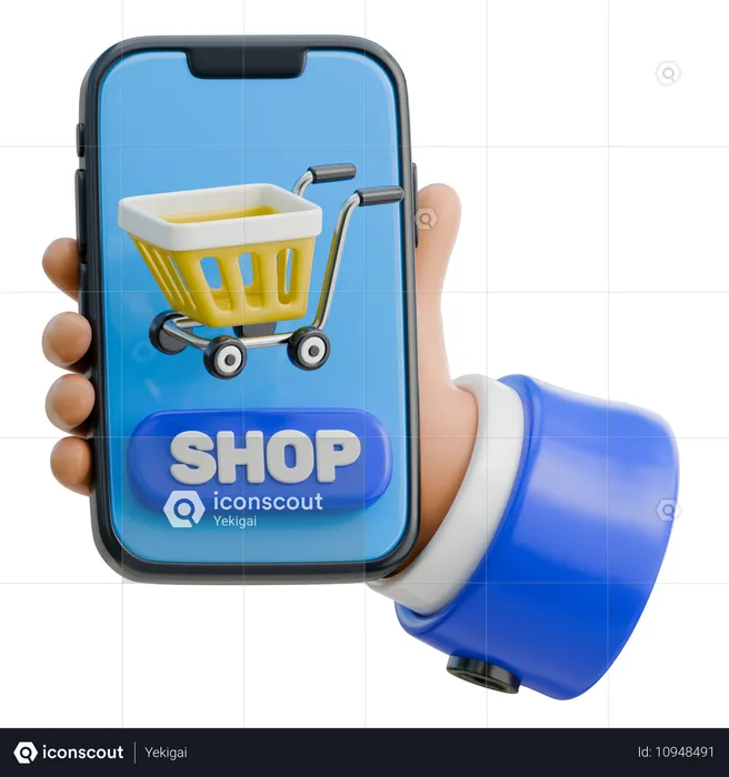 Mão segurando smartphone com ícone de carrinho de compras  3D Icon