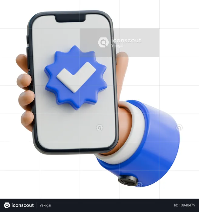 Mão segurando smartphone exibindo selo verificado  3D Icon